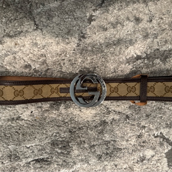 Gucci Tan and Brown Belt with Silver Emblem